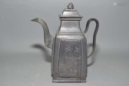 20th C. Chinese Pewter Square Carved Wine Pot