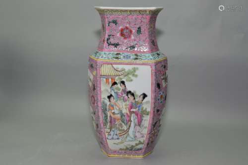 Chinese Famille Rose Maidens Hexagonal Vase