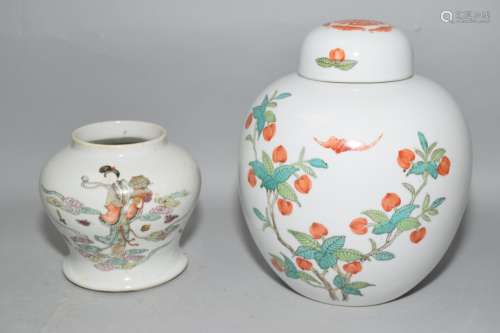 Two 19-20th C. Chinese Famille Rose Jars