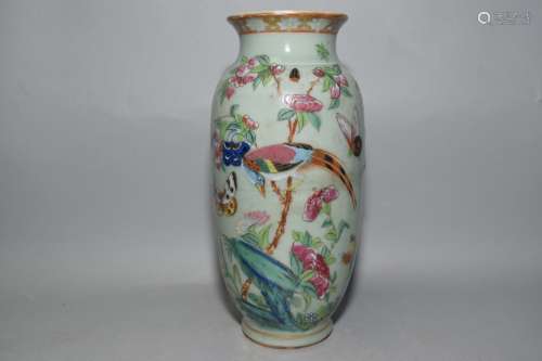 Qing Chinese Pea Glaze Famille Rose B&W Vase