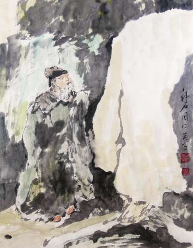 孙仁英 （b.1933） 米芾拜石 设色纸本镜框