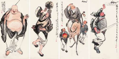 朱成淦 （1914-2001） 人物四条屏 设色纸本立轴