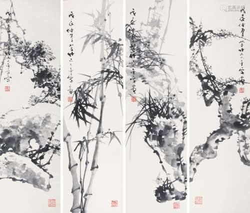 林金定 （1943-1991） 梅兰竹菊四屏 水墨纸本立轴