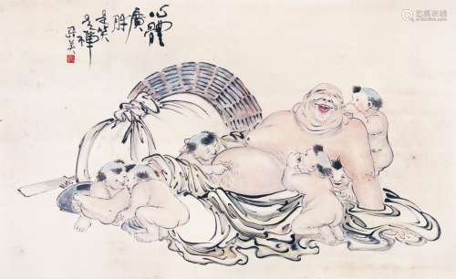 张英 （1920-1984） 六子戏佛 设色纸本镜片