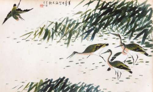 傅菩禅 （1873-1945） 花鸟 设色纸本镜框