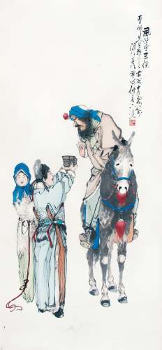 李霞 （1871-1938） 风尘三侠 设色纸本立轴
