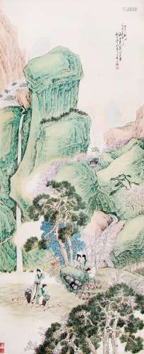 李霞 （1871-1938） 二士入桃源 设色绢本立轴