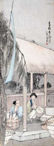 李耕 （1885-1964） 青旗卖酒 设色纸本立轴