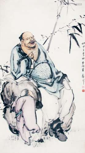 黄羲 （1899-1979） 竹林消遣 设色纸本立轴