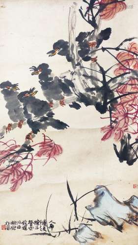 陈子奋 （1898-1976） 红叶四喜 设色纸本立轴