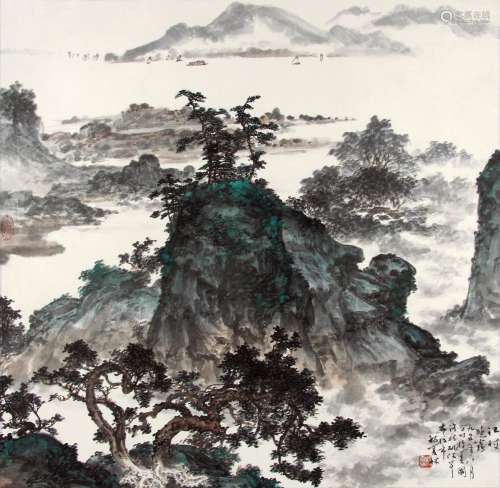 杨夏林 （1919-2004） 江村晓雾 设色纸本镜片