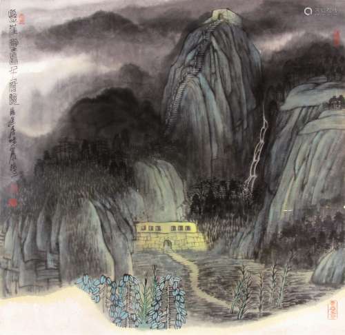 杨挺 （b.1950） 悬崖壁矗千层险 设色纸本镜片