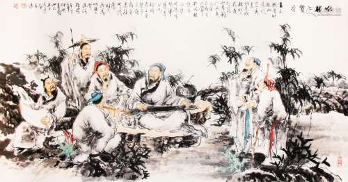 李清达 （b.1946） 竹林七贤 设色纸本镜框