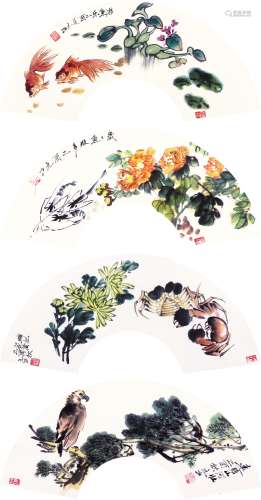 杨元武 （1929-2008） 花卉四条屏 设色纸本扇面镜框