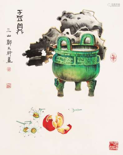 郑大干 （b.1953） 青铜鼎 设色纸本托片