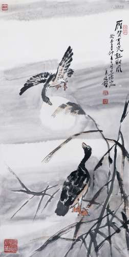 周秀廷 （1928-2007） 雁背青光起朔风 设色纸本立轴