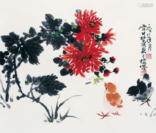 林子白 （1906-1980） 稚鸡图 设色纸本立轴