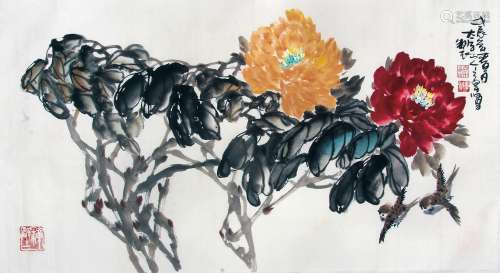 郑章贤 （b.1962 ） 花鸟 设色纸本托片