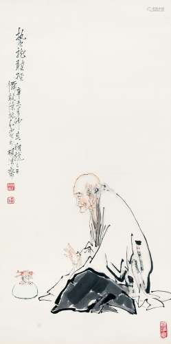 陈毓和 （1927-1994） 蛰龙听经 设色纸本镜框