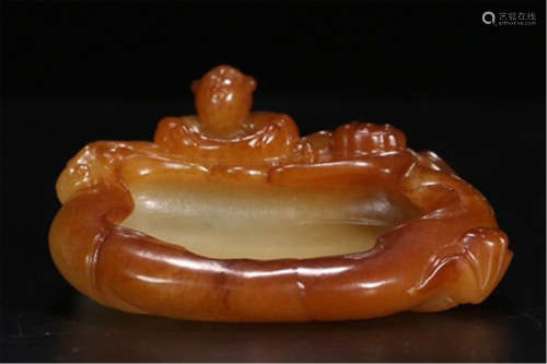 A CHINESE HETIAN JADE LOTUS LEAF AND BOY BRUSH WASHER
