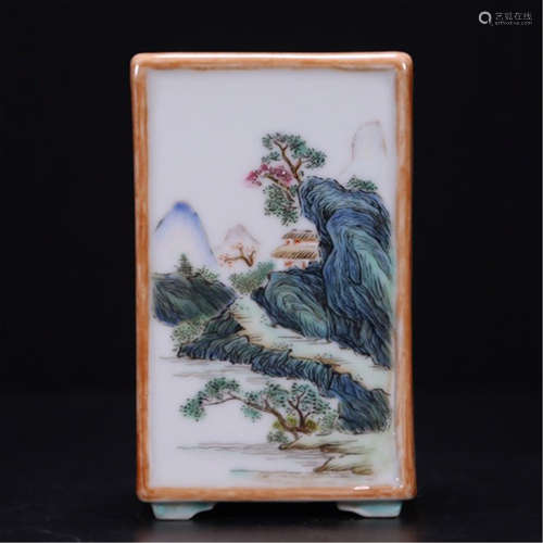 A CHINESE FAMILLE ROSE FLOWER FIGURE SQUARE BRUSH POT