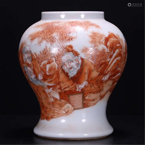 A CHINESE PORCELAIN RED COLOURED FIGURE AND STORY VASE