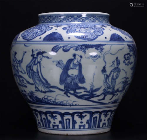 A CHINESE PORCELAIN BLUE AND WHITE FIGURE WATER JAR