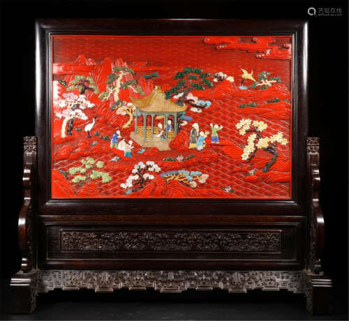 A CHINESE ROSEWOOD CINNABAR FIGURE AND STORY TABLE SCREEN