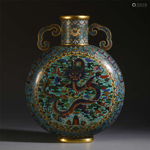 A CHINESE CLOISONNE DRAGON FLAT VASE