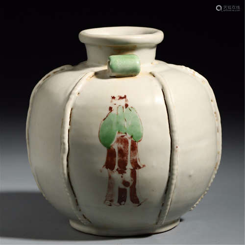 A CHINESE WHITE UNDER GLAZE MELON ARRISES DOUBLE EARS JAR