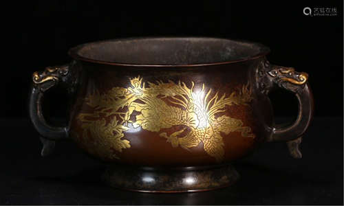 A CHINESE BRONZE DOUBLE DRAGON EARS CENSER