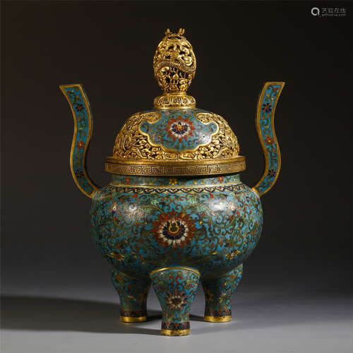 A CHINESE CLOISONNE FLOWER DRAGON DOUBLE EARS CENSER