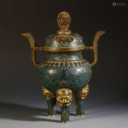 A CHINESE CLOISONNE BEAST TRIPLE FEET DOUBLE EARS CENSER