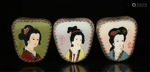 CHINESE SILVER INLAID BRONZE WOMAN ROUGE POWDER BOXES