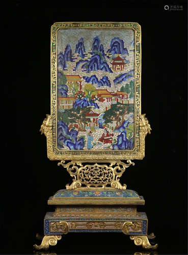 A CHINESE CLOISONNE MOUNTAIN WATER TABLE SCREEN