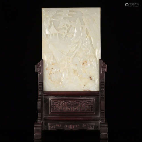 A CHINESE HETIAN JADE MOUNTAIN WATER FIGURE AND STORY TABLE SCREEN