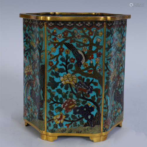 A CHINESE CLOISONNE GILT BRUSH POT