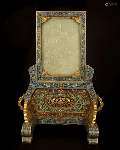 A CHINESE CLOISONNE FLOWER HETIAN WHITE JADE MOUNTAIN AND WATER FIGURE AND POEM TABLE SCREEN
