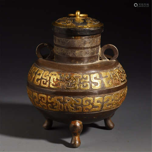 A CHINESE SILVER GOLD INLAID TRIPLE FEET LIDDER CENSER