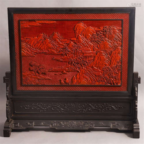 A CHINESE CINNABAR MOUNTAIN WATER TABLE SCREEN