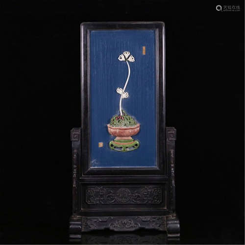 A CHINESE ROSEWOOD GEM STONE INLAID BASIN TABLE SCREEN