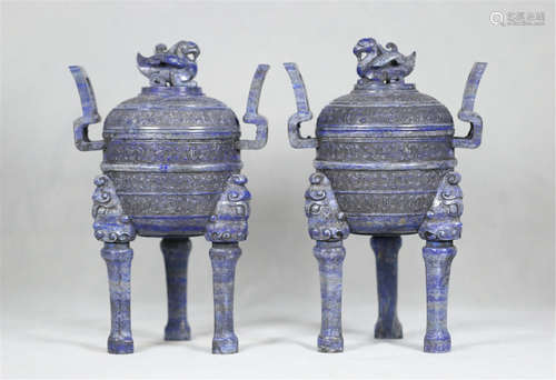 A PAIR OF CHINESE LAPIS TRIPLE FEET CENSERS