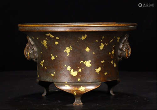 A CHINESE BRONZE GOLD INLAID DOUBLE BEAST EARS TRIPLE FEET CENSER