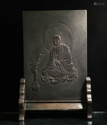 A CHINESE HARDWOOD INK TABLE SCREEN WITH LIGHT ON BUDDHA