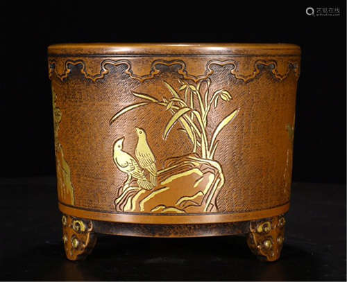 A CHINESE BRONZE GILT GOLD BAMBOO AND BIRD CENSER