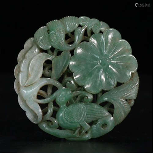 A CHINESE JADEITE DUCK PLAYING LOTUS TABLE ITEM