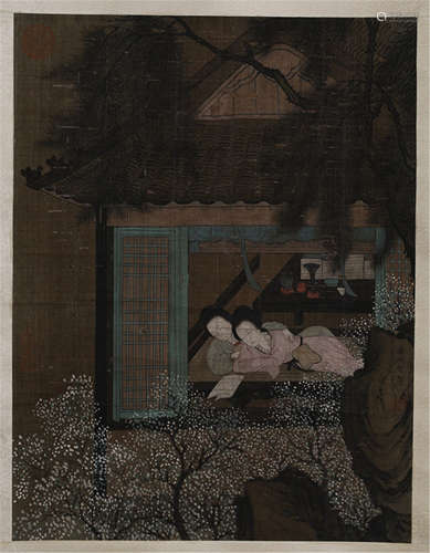 A CHINESE SCROLL PAINTING OF WOMEN READING BOOK