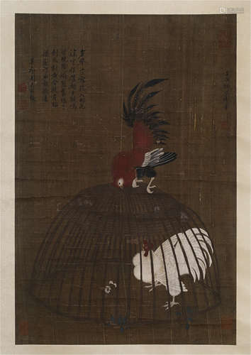 A CHINESE SCROLL PAINTING OF CHICKEN