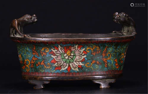 A CHINESE CLOISONNE BEAST EARS CENSER