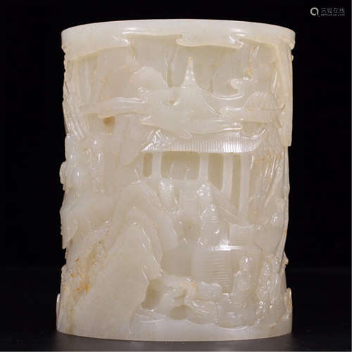 A CHINESE ANCIENT HETIAN JADE INK BRUSH POT